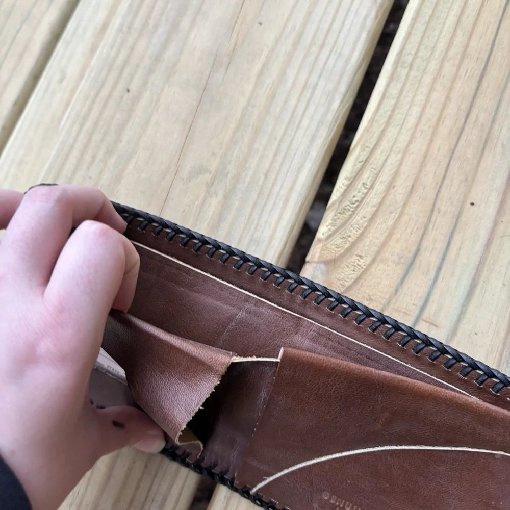 Vintage Bifold Leather Wallet Hand Tooled Western Cowboy Marbled Whipstitch